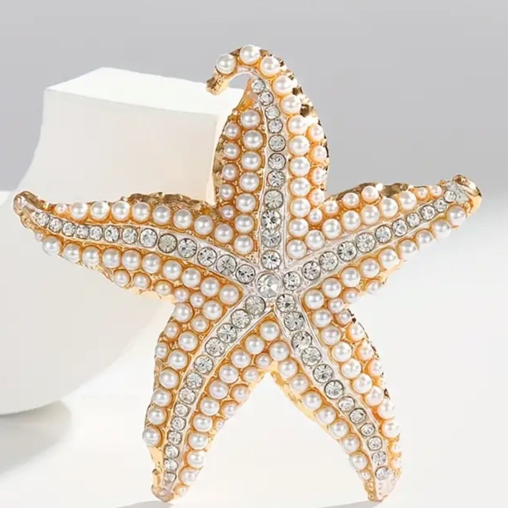 Golden Starfish Pearl, Rhinestones Brooch, Lapel Pin